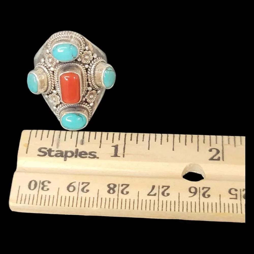 Heavy Native‎ American Turquoise Coral Sterling Silver Ring 9 Adjustable 13.27g